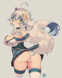 Rule 34 | 1girl, animal ears, ass, bare shoulders, blue hair, breasts, collar, commentary request, from behind, green collar, green eyes, grey background, hair between eyes, kuromiya, large breasts, looking at viewer, looking back, multicolored hair, original, shiromiya asuka, short hair, simple background, solo, tail, thighhighs, two-tone hair, white hair, white thighhighs
