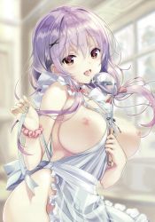 Rule 34 | 1girl, absurdres, apron, artist request, between breasts, bow, breasts, cowboy shot, hair bow, hair ornament, highres, indoors, ladle, large breasts, long hair, looking at viewer, low twintails, naked apron, nipples, original, perky breasts, purple hair, red eyes, scan, scrunchie, solo, striped apron, striped clothes, tongue, tongue out, twintails, vertical-striped apron, vertical-striped clothes, wrist scrunchie, x hair ornament