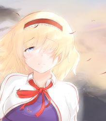 Rule 34 | 1girl, alice margatroid, bad id, bad pixiv id, blonde hair, blue eyes, cape, crying, crying with eyes open, hair over one eye, hairband, sad, septet (zrca janne), short hair, solo, tears, touhou, wind