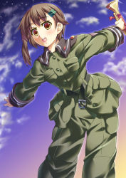 Rule 34 | 1girl, bad id, bad pixiv id, belt, brown eyes, brown hair, bugle, female focus, hair ornament, hairclip, ibuki mana, instrument, military, military uniform, outdoors, outstretched arms, sky, solo, sora no woto, sorami kanata, spread arms, trumpet, uniform