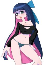Rule 34 | a rodjim, absurdres, annoyed, aqua eyes, bow, breasts, cleavage, crop top, hair bow, heart, heart-shaped pupils, highres, hip focus, legs, long sleeves, panty &amp; stocking with garterbelt, pink hair, purple hair, rodjim, simple background, solo, standing, stocking (psg), symbol-shaped pupils, thighs, underwear, white background