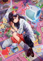 Rule 34 | 1990s (style), 1girl, absurdres, apple inc., ball, beer can, black hair, black skirt, blouse, blue eyes, brown footwear, cable, can, cd, cd player, charm (object), crt, cup, doll, drink can, facial mark, flower, full body, furby, game boy, game boy (original), game console, grey shirt, grey socks, hair flower, hair ornament, handheld game console, heart, heart tattoo, highres, holding, imac, japanese text, loafers, long hair, looking at viewer, loose socks, lying, minidisc, minidisc player, nintendo, on floor, on ground, on side, one eye closed, original, pants, pants under skirt, phone, pixelated, plaid, plaid skirt, playstation 1, pleated skirt, rainys bill, red flower, red shorts, retro artstyle, shirt, shoes, shorts, skirt, sleeves rolled up, slinky, smile, soccer ball, socks, solo, tamagotchi, tattoo, track pants, translation request, white shirt