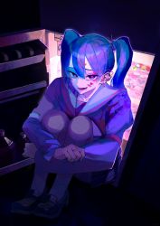 Rule 34 | 1girl, :d, bad id, bad twitter id, blue hair, copyright request, earrings, fishnet pantyhose, fishnets, hair ornament, hairclip, highres, hugging own legs, jewelry, layered sleeves, long sleeves, looking at viewer, minifridge, open mouth, pantyhose, purple theme, school uniform, serafuku, shoes, short over long sleeves, short sleeves, sion001250, sitting, smile, solo, twitter username