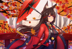 Rule 34 | 1girl, absurdres, amagi (azur lane), animal ear fluff, animal ears, artist name, autumn, azur lane, black kimono, blush, bridge, brown hair, commentary request, dated, day, falling leaves, folded fan, folding fan, fox ears, fox girl, hand fan, highres, holding, holding fan, holding umbrella, huge filesize, japanese clothes, kimono, leaf, long hair, long sleeves, looking away, maple leaf, obi, oil-paper umbrella, open clothes, outdoors, parted lips, purple eyes, sash, short eyebrows, solo, taitai, tassel, tree, umbrella, upper body, wide sleeves