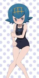 Rule 34 | 1girl, bad id, bad twitter id, blue eyes, blue hair, blush, breasts, closed mouth, creatures (company), frown, game freak, gensei00, hairband, highres, lana (pokemon), nintendo, one-piece swimsuit, pokemon, pokemon sm, polka dot, polka dot background, short hair, small breasts, solo, swimsuit, trial captain