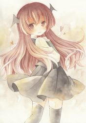 Rule 34 | 1girl, black thighhighs, blush, book, demon wings, head wings, heart, kagome f, koakuma, long hair, long sleeves, looking at viewer, looking back, open mouth, painting (medium), red eyes, red hair, smile, solo, thighhighs, touhou, traditional media, watercolor (medium), wings, zettai ryouiki