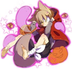 Rule 34 | 1boy, barefoot, blonde hair, blush, cookie, food, ghost, halloween costume, hood, kemonomimi mode, looking at viewer, male focus, mizuhoshi taichi, oliver (vocaloid), pumpkin, red hood, shorts, solo, tail, vocaloid, wolf tail