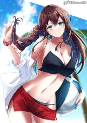 Rule 34 | 1girl, ball, beach, beachball, bikini, bikini under clothes, black bikini, braid, breasts, brown hair, cleavage, collarbone, green eyes, hachiware (8ware63), highres, kantai collection, large breasts, long hair, looking at viewer, navel, noshiro (kancolle), official alternate costume, outdoors, outside border, red shorts, shirt, shorts, solo, swimsuit, twin braids, white shirt, wristband