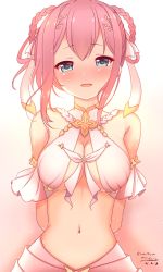 Rule 34 | 1girl, absurdres, arm cuffs, arms behind back, bare shoulders, blue eyes, blush, braid, braided hair rings, breasts, dated, hair ornament, halterneck, highres, long hair, looking at viewer, midriff, navel, pink hair, princess connect!, side braids, sidelocks, signature, sleeveless, solo, standing, teec, twitter username, underboob, yui (ceremonial) (princess connect!), yui (princess connect!)