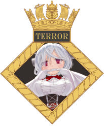 Rule 34 | azur lane, breasts, character name, eyes visible through hair, from below, hair over one eye, ita ships&#039; badgees, large breasts, red eyes, royal navy, self-upload, silver hair, simple background, staring, teeth, terror (azur lane), watery eyes, white background, yamikota