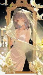 Rule 34 | 1girl, absurdres, alternate costume, arknights, bird, bridal veil, candle, choker, dove, dress, expressionless, flower, flower request, grey hair, highres, lily (flower), long hair, looking at viewer, ptilopsis (arknights), ruoshuisanqian-zhiqumiemie, solo, two-tone dress, veil, white dress, white flower, white lily, yellow eyes