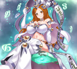 Rule 34 | 1girl, absurdres, arm up, bare shoulders, bleach, blush, book, breasts, brown eyes, brown hair, cleavage, closed mouth, collar, commentary, cosplay, crossed legs, detached leggings, elbow gloves, gloves, hat, high priestess of prophecy, high priestess of prophecy (cosplay), highres, inoue orihime, large breasts, leggings, long hair, looking at viewer, midriff, navel, nez-box, parted bangs, sidelocks, signature, sitting, smile, solo, waist cape, white gloves, white leggings, wizard hat, yu-gi-oh!