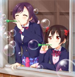 Rule 34 | 10s, 2girls, ^ ^, black hair, blazer, bottle, bow, bowtie, blowing bubbles, bubble pipe, closed eyes, commentary request, from outside, hair bow, highres, jacket, ksk (semicha keisuke), long hair, long sleeves, looking outside, love live!, love live! school idol project, multiple girls, open window, pink scrunchie, pleated skirt, purple hair, red bow, red eyes, school uniform, scrunchie, skirt, soap bubbles, striped bow, striped bowtie, striped clothes, striped neckwear, tojo nozomi, twintails, window, yazawa nico