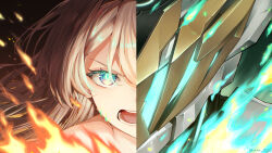 1girl absurdres armor close-up fire firefly_(honkai:_star_rail) green_fire grey_armor grey_hair hair_between_eyes helmet highres honkai:_star_rail honkai_(series) kiguchi_hikaru long_hair looking_at_viewer open_mouth power_armor sam_(honkai:_star_rail) scar scar_on_face shouting teeth two-tone_eyes upper_body