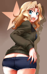Rule 34 | 1girl, :d, ass, blonde hair, blue eyes, blue shorts, brown jacket, butt crack, commentary, cutoffs, denim, denim shorts, from behind, fujimaru arikui, girls und panzer, hair intakes, hand on own ass, highres, jacket, kay (girls und panzer), long hair, long sleeves, looking at viewer, micro shorts, midriff, military, military uniform, open clothes, open jacket, open mouth, saunders military uniform, shadow, shorts, smile, solo, standing, star (symbol), thigh gap, uniform