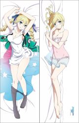 Rule 34 | 1girl, angelina kudou shields, armpits, arms up, bare shoulders, barefoot, bed sheet, blonde hair, blue eyes, breasts, cleavage, dakimakura (medium), highres, large breasts, long hair, mahouka koukou no rettousei, nightgown, official art, pantyhose, ribbon, school uniform, smile, thighs