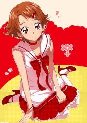 Rule 34 | 00s, 1girl, bracelet, brown hair, choker, dress, female focus, hair ornament, hairclip, jewelry, looking at viewer, maeashi, natsuki rin, precure, red dress, red eyes, ribbon, shirt, shoes, short hair, skirt, solo, yes! precure 5