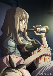 Rule 34 | 2girls, beer bottle, blonde hair, bottle, brown eyes, commentary request, copyright notice, food, from side, glasses, holding, holding bottle, holding food, kurumi (lycoris recoil), long hair, long sleeves, looking to the side, lycoris recoil, multiple girls, nakahara mizuki, official art, open mouth, popcorn, sitting, solo focus