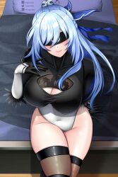 Rule 34 | 1girl, 2b (nier:automata), 2b (nier:automata) (cosplay), absurdres, artist name, bed, black blindfold, black gloves, black shirt, blindfold, blue hair, blue ribbon, boots, breasts, brown thighhighs, cleavage, cleavage cutout, closed mouth, clothing cutout, commentary, cosplay, covered collarbone, covered navel, cowboy shot, crop top, d.d.g (ddg3420), feather-trimmed sleeves, gloves, hair between eyes, hair ribbon, half updo, hand on own chest, high ponytail, highres, honkai: star rail, honkai (series), jingliu (honkai: star rail), juliet sleeves, large breasts, leotard, long hair, long sleeves, nier:automata, nier (series), on bed, ponytail, puffy sleeves, ribbon, shadow, shirt, sidelocks, sitting, skindentation, smile, solo, thighhighs, thighhighs under boots, thong leotard, white leotard