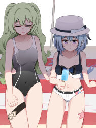 2girls :o absurdres bare_shoulders beach_towel black_one-piece_swimsuit blue_hair breasts closed_eyes collarbone commentary competition_swimsuit covered_navel exhausted food green_hair griseo hat highres holding holding_food holding_popsicle honkai_(series) honkai_impact_3rd long_hair marin_liekuriva micro_shorts mobius_(honkai_impact) mobius_(summer_2024)_(honkai_impact) multiple_girls navel official_alternate_costume one-piece_swimsuit open_mouth popsicle purple_eyes shade shorts sitting small_breasts stomach swimsuit towel white_hat white_shorts