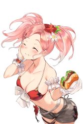 Rule 34 | 1girl, absurdres, amira (shingeki no bahamut), atorosu, bare shoulders, bikini, blush, breasts, burger, cleavage, closed eyes, closed mouth, collarbone, eating, flower, food, granblue fantasy, grey shorts, hair flower, hair ornament, highres, large breasts, long hair, pink hair, red bikini, shingeki no bahamut, shorts, simple background, smile, swimsuit, twintails, white background