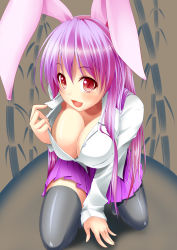 Rule 34 | 1girl, animal ears, bamboo, black thighhighs, blush, breasts, cleavage, female focus, huge breasts, kneeling, large breasts, long hair, open mouth, pochadon, purple hair, rabbit ears, red eyes, reisen udongein inaba, shirt, skirt, smile, solo, teasing, thighhighs, touhou, unbuttoned, white shirt