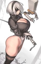 Rule 34 | 1girl, 1other, 2b (nier:automata), absurdres, ass, black blindfold, black hairband, blindfold, boots, breasts, cleavage, cleavage cutout, clothing cutout, curvy, feather-trimmed sleeves, gloves, hairband, high heel boots, high heels, highleg, highleg leotard, highres, holding, holding sword, holding weapon, huge ass, juliet sleeves, katana, kelvin hiu, large breasts, leotard, long sleeves, mole, mole under mouth, nier:automata, nier (series), pod (nier:automata), puffy sleeves, robot, shiny skin, silver hair, solo, standing, sword, thigh boots, thighhighs, thighhighs under boots, thong leotard, weapon, white leotard, wide hips