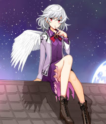 Rule 34 | 1girl, arm support, boots, bow, bowtie, brooch, brown footwear, colored eyelashes, commentary request, cross-laced footwear, dress, feathered wings, finger to mouth, full moon, hair between eyes, hand up, jacket, jewelry, kishin sagume, knee up, knees, lace-up boots, legs, long sleeves, looking at viewer, moon, night, night sky, open clothes, open jacket, outdoors, parted lips, purple dress, red bow, red bowtie, red eyes, rooftop, shadow, short dress, short hair, silver hair, single wing, sitting, sky, solo, star (sky), starry sky, touhou, uruu gekka, white jacket, wings