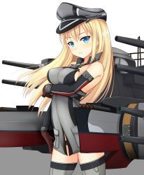 Rule 34 | 10s, 1girl, bare shoulders, bismarck (kancolle), blonde hair, blue eyes, blush, breast hold, breasts, brown gloves, detached sleeves, gloves, grey legwear, hat, highres, kantai collection, kirimoti34, light smile, long hair, looking at viewer, machinery, peaked cap, solo, turret
