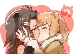 Rule 34 | 10s, 2girls, ahoge, american beaver (kemono friends), animal ears, beaver ears, black-tailed prairie dog (kemono friends), blush, closed eyes, coat, dog ears, french kiss, fur collar, gloves, gradient hair, grey hair, hair ornament, hairclip, half-closed eyes, hand in another&#039;s hair, hand on another&#039;s arm, heart, heart-shaped pupils, jacket, japari symbol, kemono friends, kiss, light brown hair, long hair, multicolored hair, multiple girls, parted bangs, short hair, simple background, squarevr, symbol-shaped pupils, tears, white background, yuri
