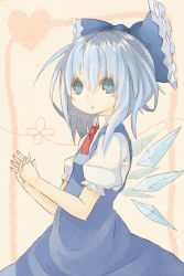 Rule 34 | bad id, bad pixiv id, blouse, blue eyes, blue hair, cirno, collared shirt, dress, embodiment of scarlet devil, from side, hair between eyes, heart, highres, pinafore dress, puni (orangeplanet), shirt, sleeveless, sleeveless dress, solo, touhou, white shirt, wings
