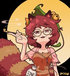 Rule 34 | 1girl, animal ears, bell, black background, brown eyes, brown hair, full moon, futatsuiwa mamizou, glasses, gourd, hair bell, hair ornament, highres, jingle bell, leaf, leaf hair ornament, leaf on head, looking at viewer, moon, open mouth, pince-nez, raccoon ears, raccoon girl, raccoon tail, short hair, simple background, smoking pipe, solidus (sword cube), solo, tail, tanuki, touhou