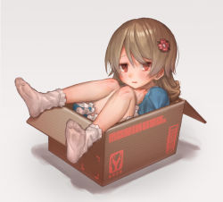Rule 34 | 1girl, box, brown eyes, brown hair, cardboard box, character name, commentary request, flower, grey background, hair flower, hair ornament, highres, idolmaster, idolmaster cinderella girls, in box, in container, long hair, looking at viewer, masanaga (tsukasa), morikubo nono, no shoes, parted lips, simple background, socks, solo, white socks
