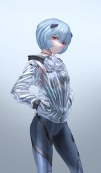 Rule 34 | 1girl, absurdres, ayanami rei, black bodysuit, blue hair, bodysuit, bodysuit under clothes, breasts, bryanth, closed mouth, evangelion: 3.0+1.0 thrice upon a time, feet out of frame, gradient background, grey background, hair ornament, hands in pockets, highres, hood, hood down, huge filesize, long sleeves, looking at viewer, neon genesis evangelion, plugsuit, raincoat, rebuild of evangelion, red eyes, short hair, small breasts, solo, standing, transparent raincoat