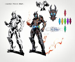 Rule 34 | belt, bodysuit, character sheet, clive rosfield, crystal, final fantasy, final fantasy xvi, fire, flaming hand, full body, glowing, highres, horned mask, kamen rider, kubaushi, looking at viewer, mask, official alternate costume, parody, sentai, shoulder spikes, spikes, standing