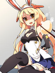Rule 34 | 1girl, :d, animal ears, arms behind back, azur lane, bare shoulders, benson (azur lane), black thighhighs, blonde hair, blue skirt, breasts, chopsticks, cleavage, cleavage cutout, clothing cutout, commentary request, covered navel, egg, fake animal ears, grey background, hair ornament, hairband, heart, heart cutout, long hair, low twintails, medium breasts, miniskirt, open mouth, orange eyes, pleated skirt, rabbit ears, shaded face, skirt, smile, star (symbol), steam, sweat, thighhighs, twintails, v-shaped eyebrows, very long hair, white hairband, youhei 64d