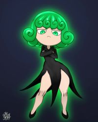 Rule 34 | 1girl, animated, ankha zone (meme), artist name, ass shake, aura, bare legs, black dress, chibi, crossed arms, curly hair, dancing, dress, frown, full body, glowing, green eyes, green hair, music, one-punch man, short hair, simple background, solo, sound, standing, tatsumaki, the golden smurf, thick thighs, thighs, video, wide hips