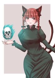 Rule 34 | 1girl, absurdres, animal ears, black bow, blush, bow, braid, breasts, cat ears, cat tail, dress, gradient background, green dress, hair bow, highres, kaenbyou rin, long sleeves, looking at viewer, miton iguana, multiple tails, red eyes, red hair, skull, smile, solo, tail, touhou, twin braids