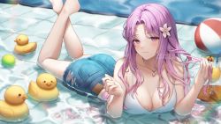 Rule 34 | 1girl, absurdres, ass, bad id, bad pixiv id, ball, beachball, breasts, cleavage, cocktail, cocktail glass, crossed legs, cup, denim, denim shorts, drinking glass, flower, hair flower, hair ornament, highres, in water, jeans, jewelry, large breasts, legs up, looking at viewer, lying, meoyo, mimosa, necklace, on stomach, original, pants, parted bangs, playing with own hair, pool, purple eyes, purple hair, rubber duck, shirt, short shorts, shorts, smile, solo, tank top, wet, wet clothes, white shirt