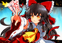 Rule 34 | 1girl, ascot, bad id, bad pixiv id, between fingers, black hair, blue background, bow, breasts, detached sleeves, frilled bow, frilled shirt collar, frills, gradient background, hair bow, hair tubes, hakurei reimu, holding, long hair, looking at viewer, nontraditional miko, ofuda, open mouth, qqqrinkappp, red bow, red shirt, red skirt, ribbon-trimmed sleeves, ribbon trim, sarashi, shirt, sidelocks, skirt, small breasts, solo, touhou, traditional media, upper body, wide sleeves, yellow ascot