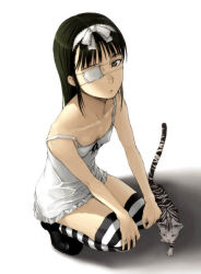 Rule 34 | bare shoulders, black hair, cat, dress, eyepatch, grey eyes, hairband, long hair, looking up, solo, squatting, strap slip, striped clothes, striped thighhighs, thighhighs, yoneda taishou
