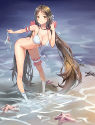 Rule 34 | 1girl, absurdres, arms behind back, ass, bikini, blush, bottomless, breasts, brown hair, cleavage, collarbone, commentary request, full body, hair ornament, highres, kneehighs, large breasts, leaning forward, long hair, looking at viewer, nail polish, original, outdoors, partially submerged, pigeon-toed, red ribbon, ribbon, sidelocks, smile, socks, solo, standing, striped bikini, striped clothes, swimsuit, thigh strap, thighs, twintails, unworn bikini, v, very long hair, water, white bikini, white socks, xiaoxi0619, yellow eyes