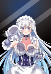 Rule 34 | 1girl, absurdres, against fourth wall, against glass, apron, azur lane, belfast (azur lane), braid, breast press, breasts, breasts on glass, broken, broken chain, chain, cleaning, cleavage, collar, french braid, frilled apron, frilled gloves, frills, glass, gloves, highres, large breasts, long hair, maid, maid apron, maid headdress, maroonabyss, open mouth, purple eyes, solo, white hair