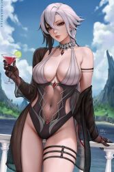 Rule 34 | 1girl, arlecchino (genshin impact), black eyes, black gloves, black hair, black nails, black one-piece swimsuit, blue sky, breasts, casual one-piece swimsuit, cleavage, closed mouth, collarbone, covered navel, cowboy shot, cup, day, drink, earrings, food, fruit, genshin impact, gloves, gluteal fold, grey hair, highres, holding, holding cup, jewelry, lake, large breasts, lime (fruit), lime slice, lips, long hair, long sleeves, looking at viewer, mountain, multicolored hair, nail polish, off shoulder, one-piece swimsuit, outdoors, railing, sciamano240, single bare shoulder, sky, solo, swimsuit, symbol-shaped pupils, thigh gap, thigh strap, two-tone hair, two-tone swimsuit, very long hair, white one-piece swimsuit, x-shaped pupils