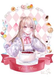 Rule 34 | 1girl, animal ears, bear ears, blonde hair, cake, character name, clothing cutout, commentary, food, fork, hand on own cheek, hand on own face, happy birthday, highres, holding, holding fork, indie virtual youtuber, long hair, macaron, pink eyes, red nails, seisaiminty, shoulder cutout, solo, swept bangs, symbol-only commentary, tobari mone, virtual youtuber