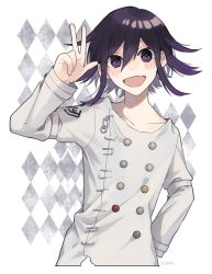 Rule 34 | 1boy, :d, bad hand, black hair, buttons, checkered clothes, checkered scarf, collarbone, commentary request, cropped torso, danganronpa (series), danganronpa v3: killing harmony, fang, hair between eyes, jacket, long sleeves, looking at viewer, male focus, open mouth, oma kokichi, purple eyes, purple hair, scarf, short hair, skin fang, smile, solo, straitjacket, upper body, w, y0e0k