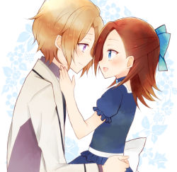 Rule 34 | 1boy, 1girl, back bow, blazer, blue bow, blue choker, blue eyes, blush, bow, brother and sister, brown hair, choker, closed mouth, commentary, dress shirt, floral background, from side, hair bow, jacket, katarina claes, keith claes, kikumamo82, light brown hair, long sleeves, looking at another, medium hair, open mouth, otome game no hametsu flag shika nai akuyaku reijou ni tensei shite shimatta, purple eyes, purple shirt, shirt, short hair, siblings, sitting, sitting on lap, sitting on person, smile, step-siblings, time paradox, white background, white bow, white jacket