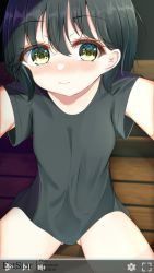 Rule 34 | 1girl, aties20, black hair, black shirt, blush, closed mouth, commentary request, fake video, gluteal fold, green eyes, hair between eyes, highres, looking at viewer, nose blush, original, shirt, short sleeves, sitting, solo, wide sleeves