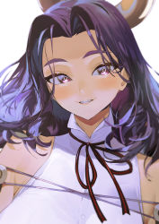 Rule 34 | 1girl, bare shoulders, blush, breasts, commentary request, fangs, grin, hair intakes, halo, headgear, ikuchan kaoru, kantai collection, long hair, looking at viewer, mechanical halo, mole, mole under eye, neck ribbon, portrait, purple eyes, purple hair, red ribbon, ribbon, simple background, smile, solo, tatsuta (kancolle), upper body, white background