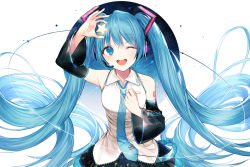 Rule 34 | 1girl, ;d, arm up, bare shoulders, black skirt, blue eyes, blue hair, blue necktie, blush, breasts, commentary, cowboy shot, detached sleeves, hair between eyes, hand up, hatsune miku, hatsune miku (vocaloid3), headphones, headset, holding, kh (kh 1128), long hair, long sleeves, looking at viewer, miniskirt, necktie, one eye closed, open mouth, pleated skirt, shirt, simple background, skirt, sleeveless, sleeveless shirt, small breasts, smile, solo, star (symbol), twintails, very long hair, vocaloid, white background, white shirt, wide sleeves